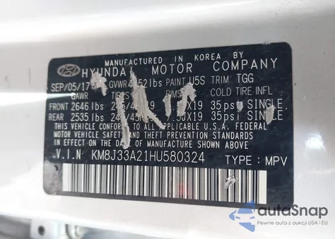 2017 Hyundai Tucson Value z USA, uszkodzony, nr VIN KM8J33A21HU580324